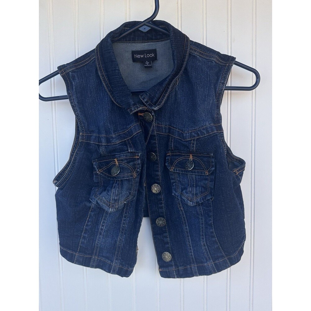New Look Y2K Woman Large Denim Vest Sleeveless Button Front Stretch Jean Jacket